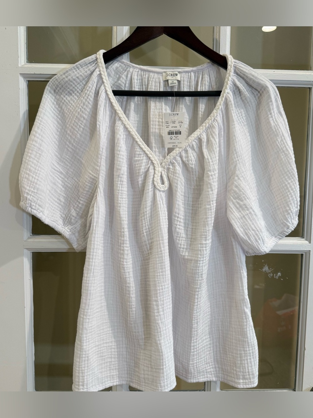 J.Crew Factory Sz M Puff-Sleeve Braided-Neckline Gauze Top Lightweight NWT
